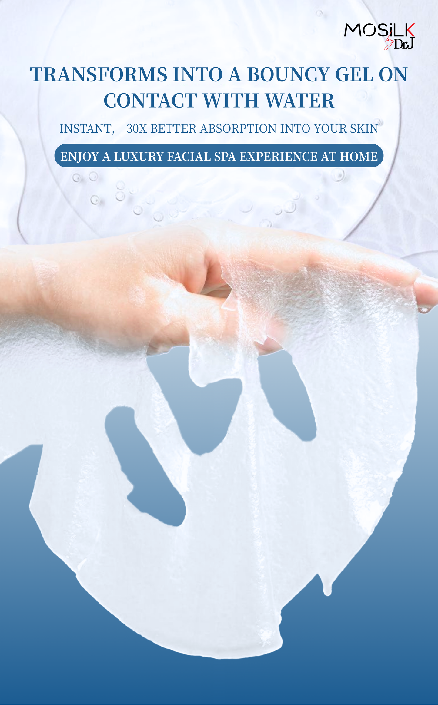 White sheet mask being held with text about water transformation and absorption benefits.